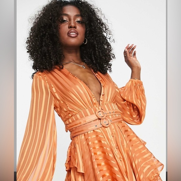 Layered orange satin minidress plunge button front tiered skirt belted waist - Picture 8 of 9